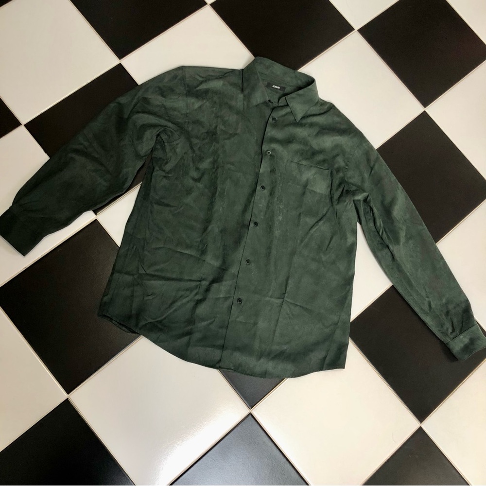 Alfani Men’s Faux Suede Button Down Shirt Solid Dark Forest Green sz Large